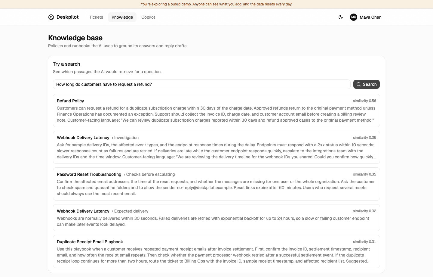 A knowledge base search for how long customers have to request a refund, listing matching passages ranked by similarity score, with the Refund Policy first.